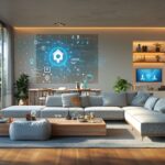Modernes Wohnzimmer mit Smart-Home-Technik und Blick auf die Terrasse